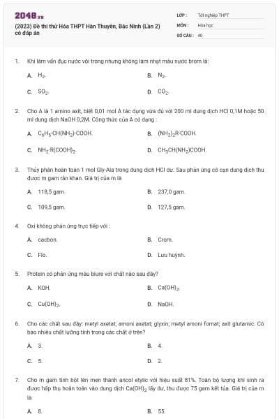 (2023) Đề thi thử Hóa THPT Hàn Thuyên, Bắc Ninh (Lần 2) có đáp án