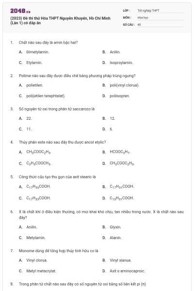 (2023) Đề thi thử Hóa THPT Nguyễn Khuyến, Hồ Chí Minh (Lần 1) có đáp án