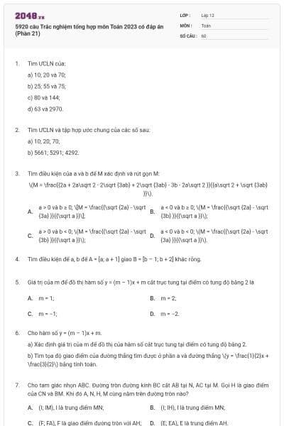 5920 câu Trắc nghiệm tổng hợp môn Toán 2023 có đáp án (Phần 21)