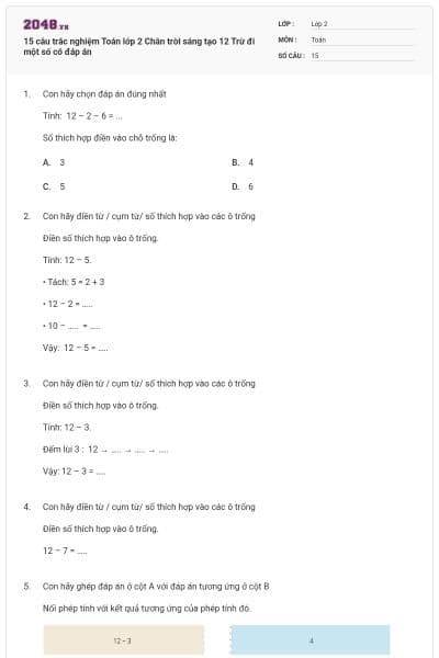 15 câu trắc nghiệm Toán lớp 2 Chân trời sáng tạo 12 Trừ đi một số có đáp án