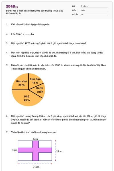 Đề thi vào 6 môn Toán chất lượng cao trường THCS Cầu Giấy có đáp án