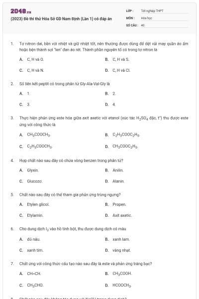 (2023) Đề thi thử Hóa Sở GD Nam Định (Lần 1) có đáp án