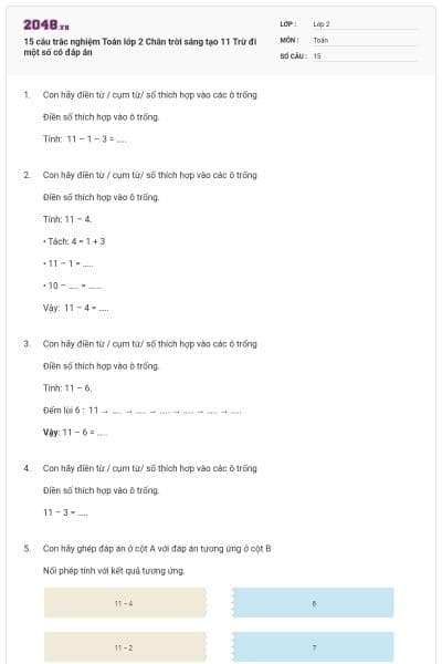 15 câu trắc nghiệm Toán lớp 2 Chân trời sáng tạo 11 Trừ đi một số có đáp án