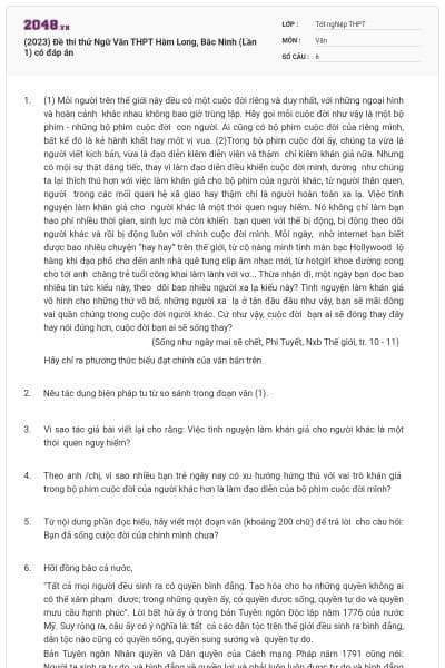 (2023) Đề thi thử Ngữ Văn THPT Hàm Long, Bắc Ninh (Lần 1) có đáp án