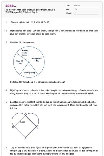 Đề thi vào 6 môn Toán chất lượng cao trường THCS & THPT Nguyễn Tất Thành có đáp án