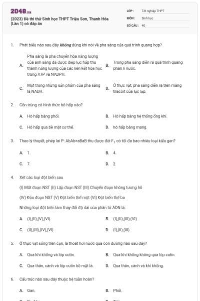 (2023) Đề thi thử Sinh học THPT Triệu Sơn, Thanh Hóa (Lần 1) có đáp án