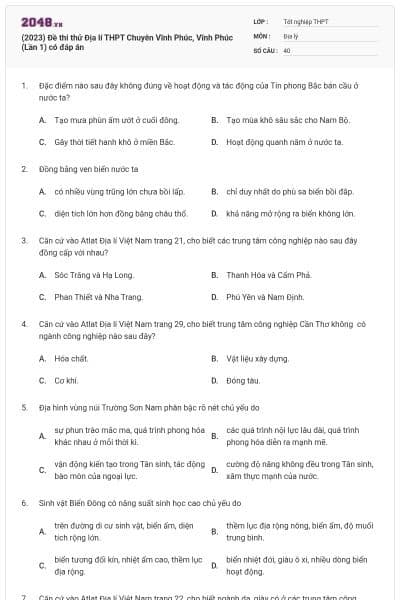 (2023) Đề thi thử Địa lí THPT Chuyên Vĩnh Phúc, Vĩnh Phúc (Lần 1) có đáp án
