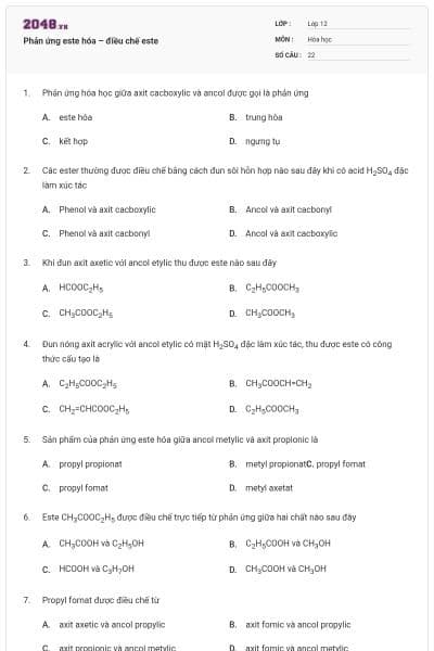 Phản ứng este hóa – điều chế este