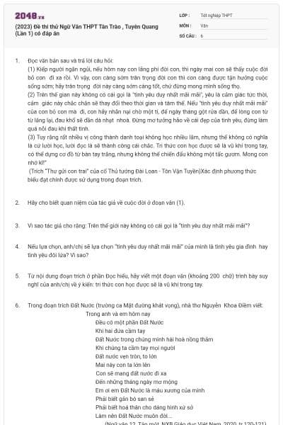 (2023) Đề thi thử Ngữ Văn THPT Tân Trào , Tuyên Quang (Lần 1) có đáp án