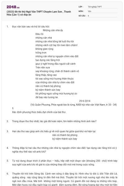 (2023) Đề thi thử Ngữ Văn THPT Chuyên Lam Sơn , Thanh Hóa (Lần 1) có đáp án