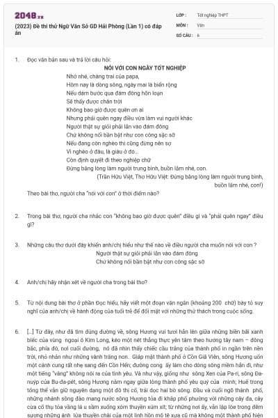(2023) Đề thi thử Ngữ Văn Sở GD Hải Phòng (Lần 1) có đáp án