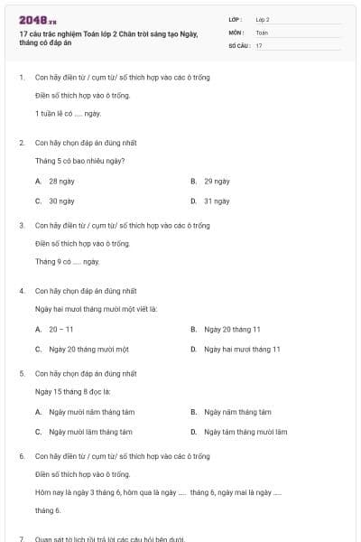 17 câu trắc nghiệm Toán lớp 2 Chân trời sáng tạo Ngày, tháng có đáp án