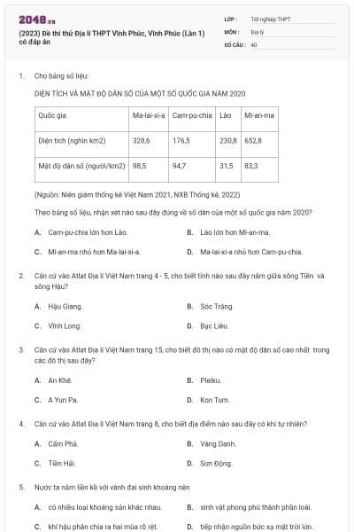 (2023) Đề thi thử Địa lí THPT Vĩnh Phúc, Vĩnh Phúc (Lần 1) có đáp án