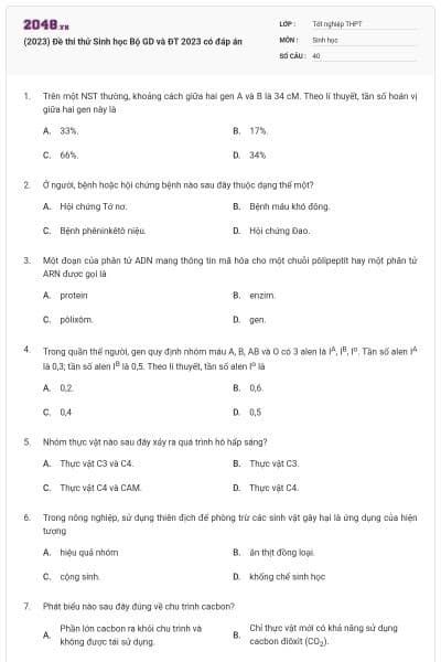 (2023) Đề thi thử Sinh học Bộ GD và ĐT 2023 có đáp án