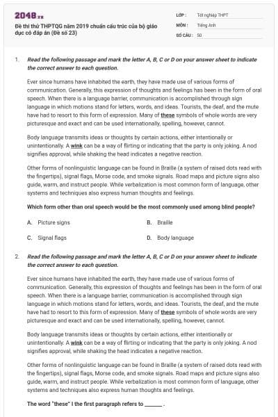 Đề thi thử THPTQG năm 2019 chuẩn cấu trúc của bộ giáo dục có đáp án (Đề số 23)