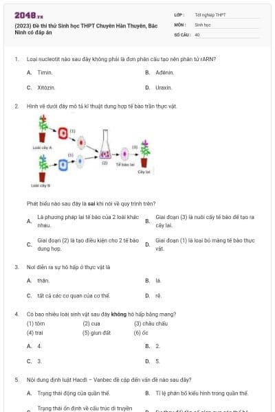 (2023) Đề thi thử Sinh học THPT Chuyên Hàn Thuyên, Bắc Ninh có đáp án