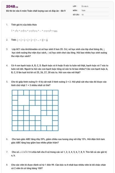 Đề thi ôn vào 6 môn Toán chất lượng cao có đáp án - Đề 9