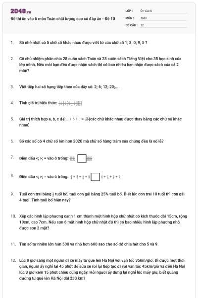 Đề thi ôn vào 6 môn Toán chất lượng cao có đáp án - Đề 10