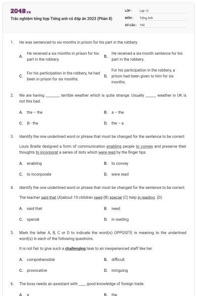 Trắc nghiệm tổng hợp Tiếng anh có đáp án 2023 (Phần 8)