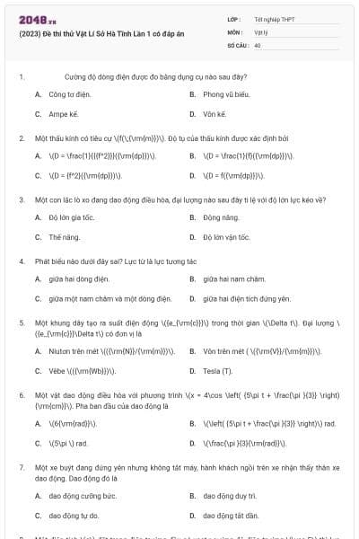 (2023) Đề thi thử Vật Lí Sở Hà Tĩnh Lần 1 có đáp án