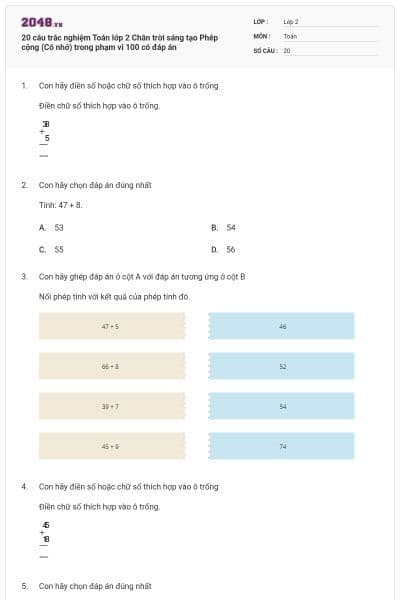 20 câu trắc nghiệm Toán lớp 2 Chân trời sáng tạo Phép cộng (Có nhớ) trong phạm vi 100 có đáp án