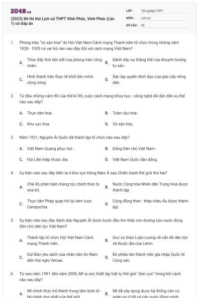 (2023) Đề thi thử Lịch sử THPT Vĩnh Phúc, Vĩnh Phúc (Lần 1) có đáp án