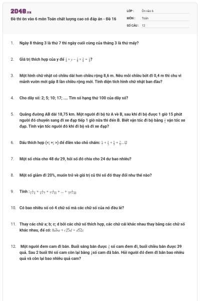 Đề thi ôn vào 6 môn Toán chất lượng cao có đáp án - Đề 16
