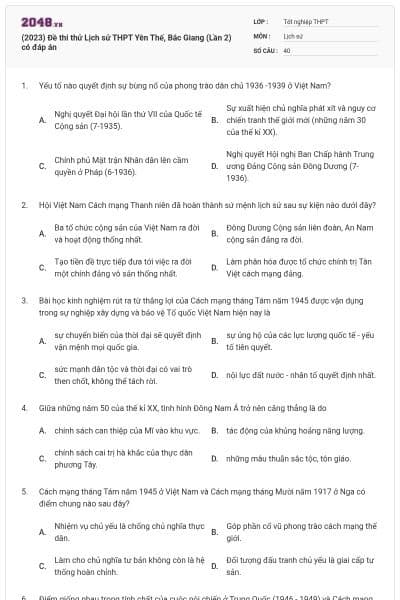 (2023) Đề thi thử Lịch sử THPT Yên Thế, Bắc Giang (Lần 2) có đáp án