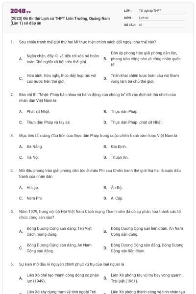 (2023) Đề thi thử Lịch sử THPT Liên Trường, Quảng Nam (Lần 1) có đáp án
