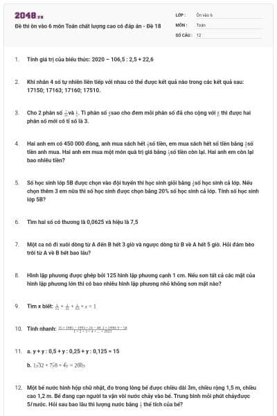 Đề thi ôn vào 6 môn Toán chất lượng cao có đáp án - Đề 18