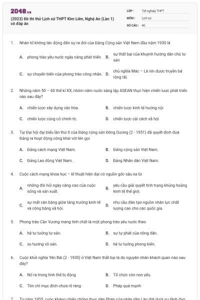 (2023) Đề thi thử Lịch sử THPT Kim Liên, Nghệ An (Lần 1) có đáp án