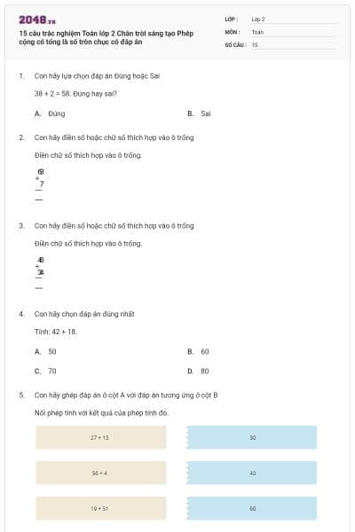 15 câu trắc nghiệm Toán lớp 2 Chân trời sáng tạo Phép cộng có tổng là số tròn chục có đáp án