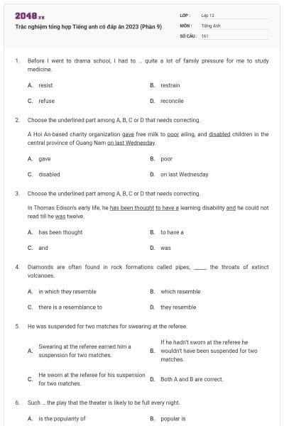 Trắc nghiệm tổng hợp Tiếng anh có đáp án 2023 (Phần 9)