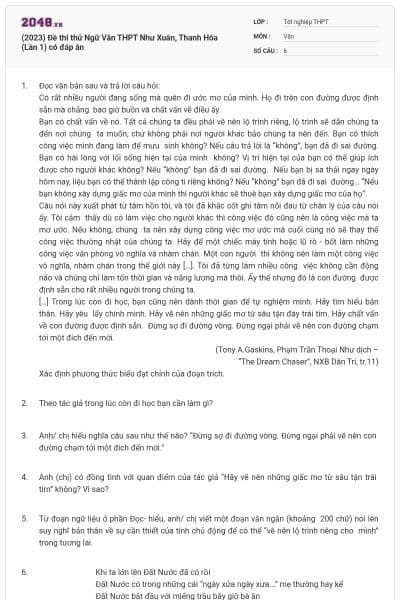 (2023) Đề thi thử Ngữ Văn THPT Như Xuân, Thanh Hóa (Lần 1) có đáp án