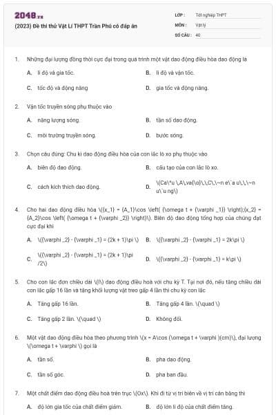 (2023) Đề thi thử Vật Lí THPT Trần Phú có đáp án