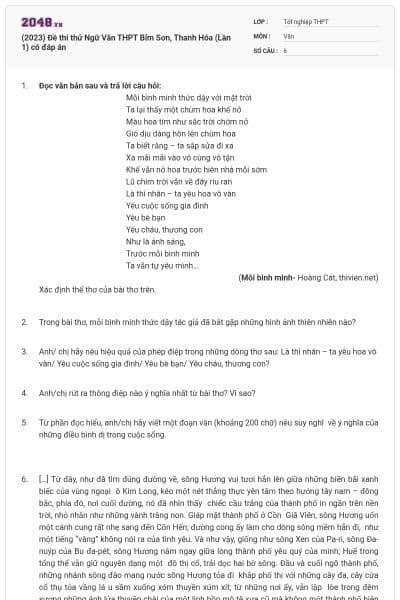 (2023) Đề thi thử Ngữ Văn THPT Bỉm Sơn, Thanh Hóa (Lần 1) có đáp án