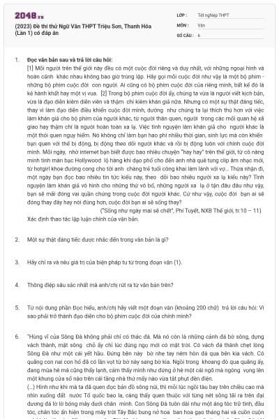 (2023) Đề thi thử Ngữ Văn THPT Triệu Sơn, Thanh Hóa (Lần 1) có đáp án