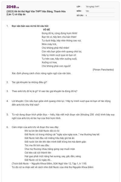 (2023) Đề thi thử Ngữ Văn THPT Đắc Bằng, Thanh Hóa (Lần 1) có đáp án