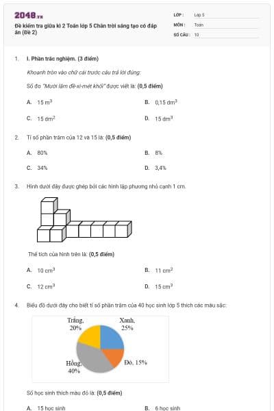 Đề kiểm tra giữa kì 2 Toán lớp 5 Chân trời sáng tạo có đáp án (Đề 2)
