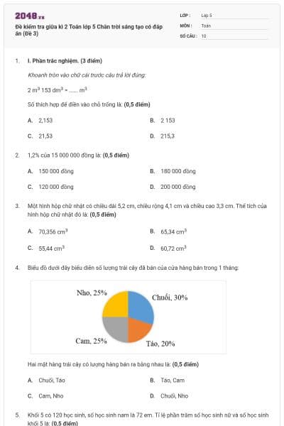 Đề kiểm tra giữa kì 2 Toán lớp 5 Chân trời sáng tạo có đáp án (Đề 3)