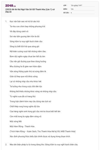 (2023) Đề thi thử Ngữ Văn Sở GD Thanh Hóa (Lần 1) có đáp án