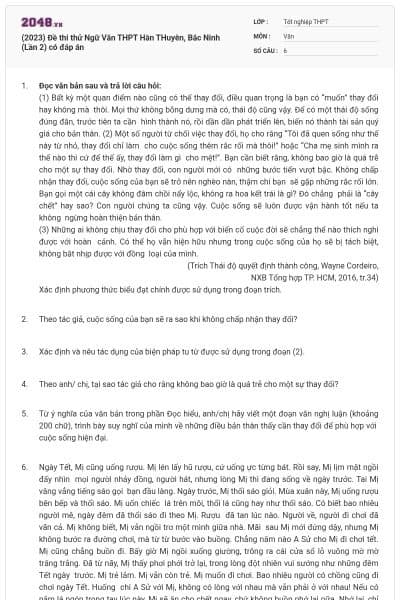 (2023) Đề thi thử Ngữ Văn THPT Hàn THuyên, Bắc Ninh (Lần 2) có đáp án