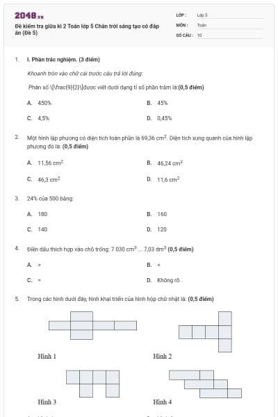 Đề kiểm tra giữa kì 2 Toán lớp 5 Chân trời sáng tạo có đáp án (Đề 5)