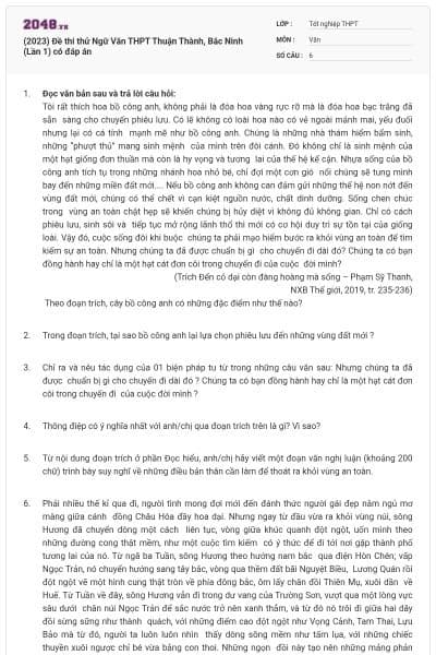 (2023) Đề thi thử Ngữ Văn THPT Thuận Thành, Bắc Ninh (Lần 1) có đáp án