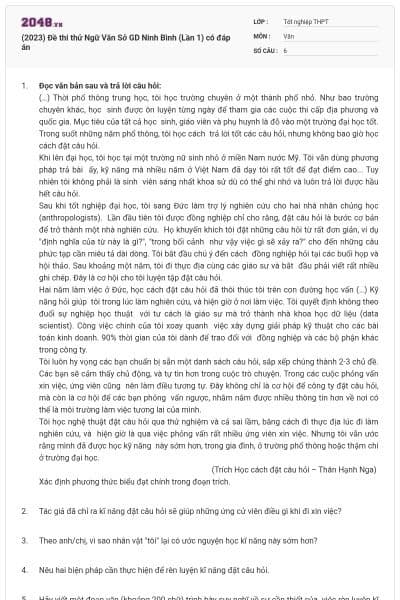 (2023) Đề thi thử Ngữ Văn Sở GD Ninh Bình (Lần 1) có đáp án