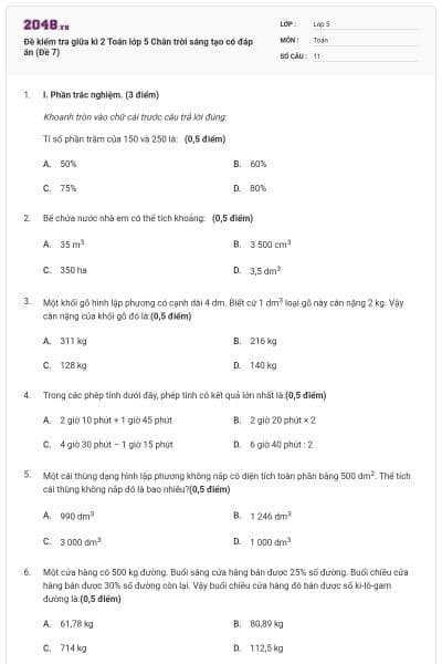 Đề kiểm tra giữa kì 2 Toán lớp 5 Chân trời sáng tạo có đáp án (Đề 7)
