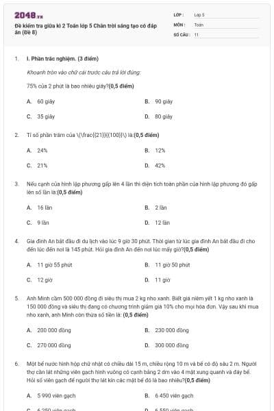 Đề kiểm tra giữa kì 2 Toán lớp 5 Chân trời sáng tạo có đáp án (Đề 8)