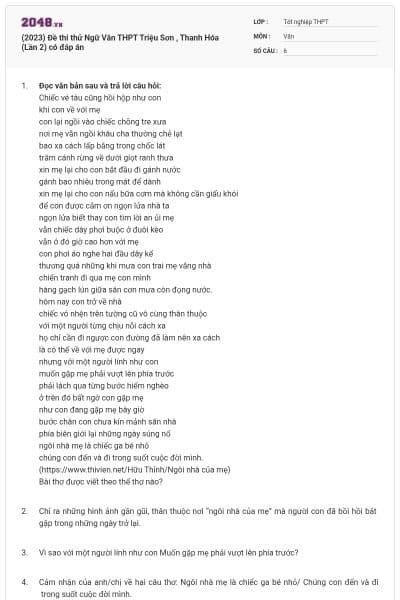 (2023) Đề thi thử Ngữ Văn THPT Triệu Sơn , Thanh Hóa (Lần 2) có đáp án