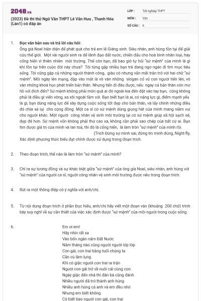 (2023) Đề thi thử Ngữ Văn THPT Lê Văn Hưu , Thanh Hóa (Lần1) có đáp án