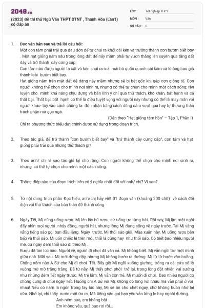 (2023) Đề thi thử Ngữ Văn THPT DTNT , Thanh Hóa (Lần1) có đáp án